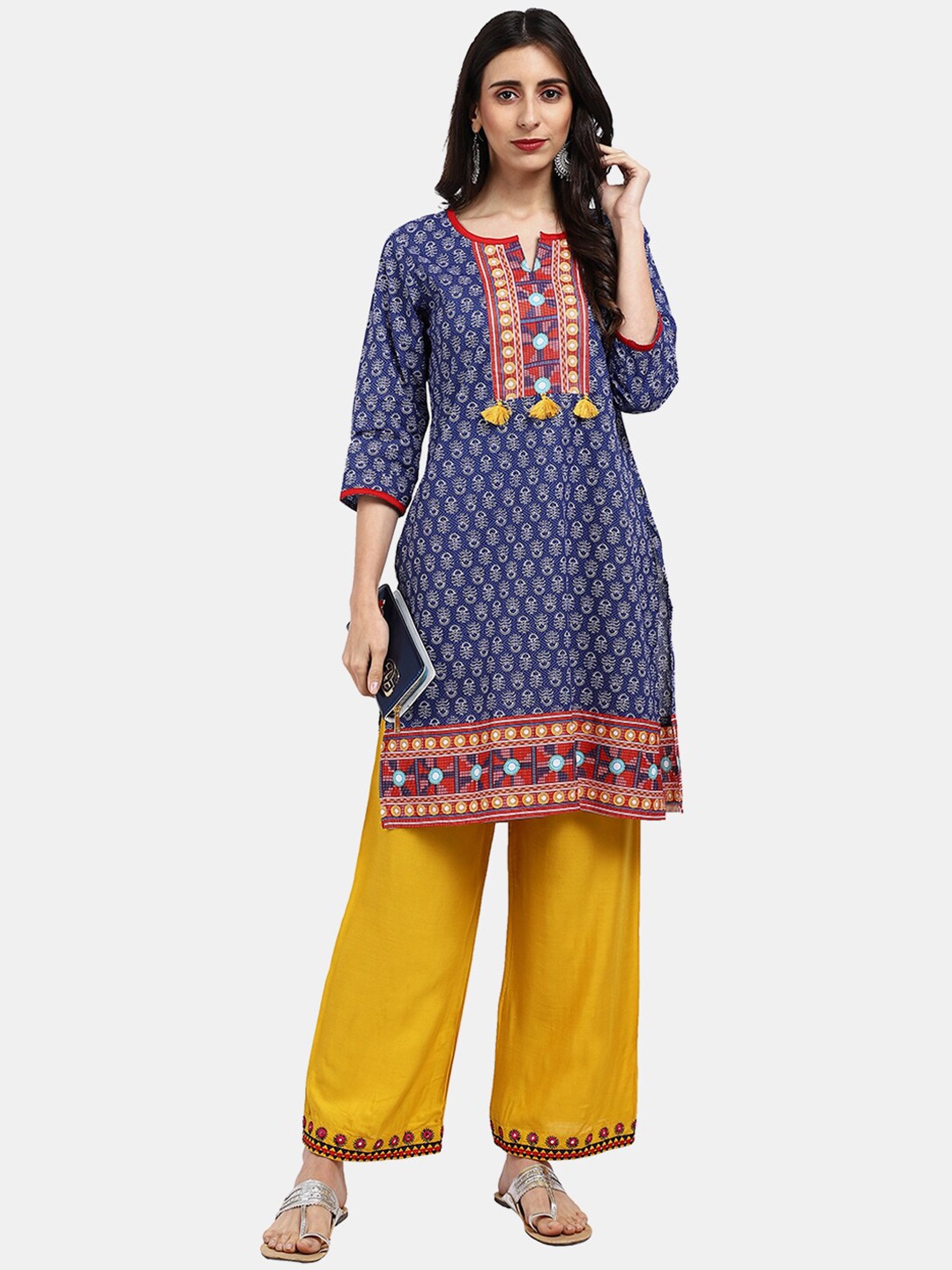

V-Mart Women Navy Blue Cotton Ethnic Motifs Printed Thread Work Kurta