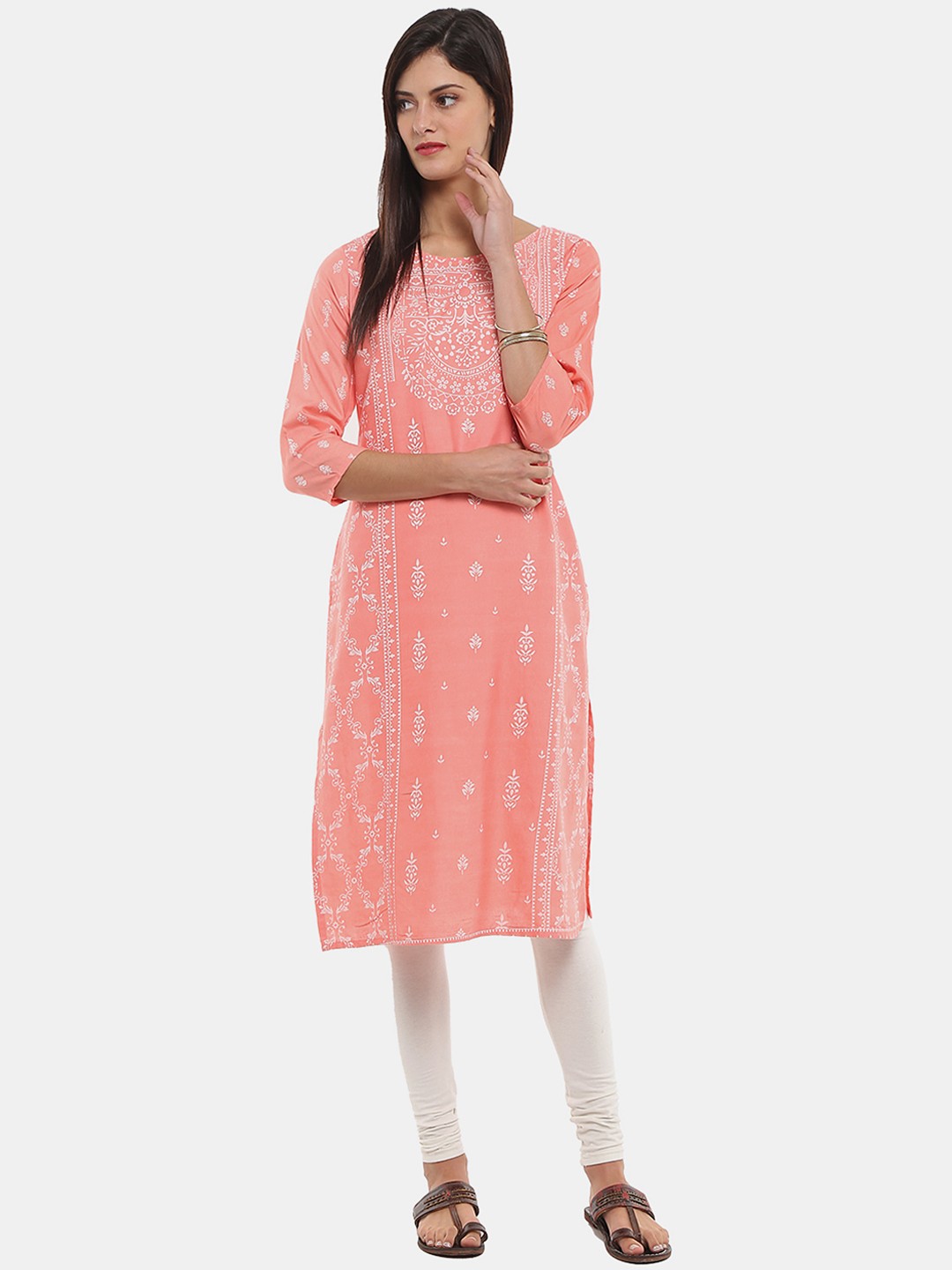 

V-Mart Round Neck Ethnic Motifs Printed Straight Fit Kurta, Peach