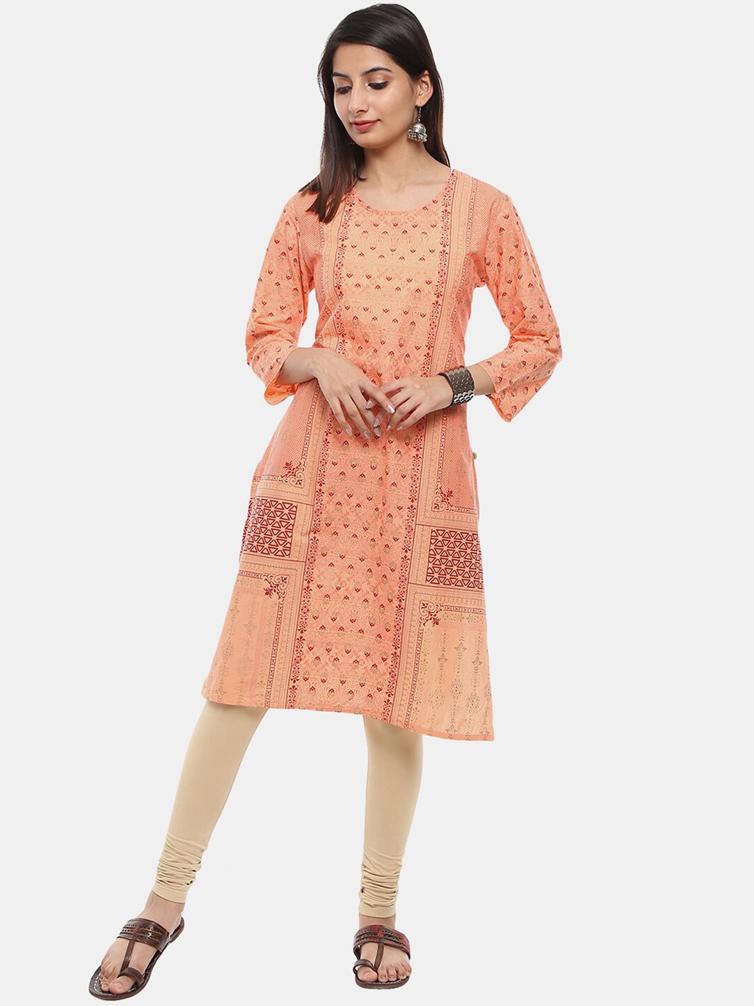 

V-Mart Round Neck Ethnic Motifs Printed A-Line Regular Fit Cotton Kurta, Peach