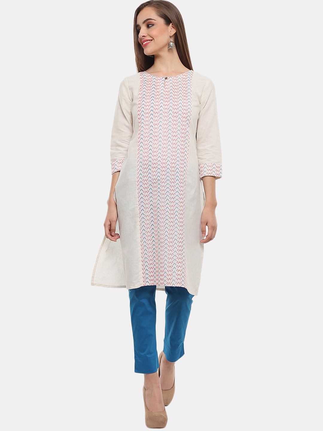 

V-Mart Geometric Printed A-Line Regular Three-Quarter Sleeves Kurta, Cream