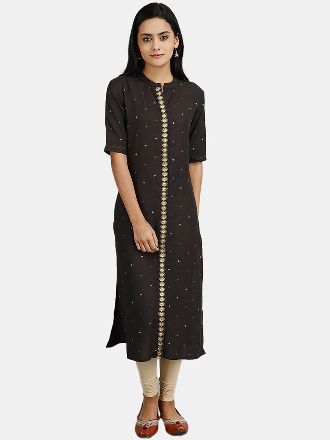 

V-Mart Floral Embroidered Round Neck Kurta, Black