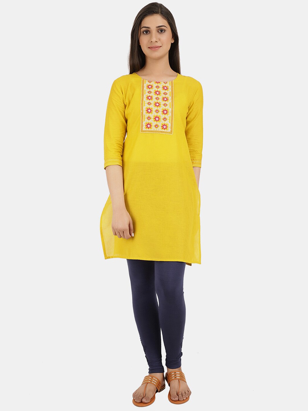 

V-Mart Round Neck Floral Embroidered Straight Regular Fit Cotton Kurta, Yellow