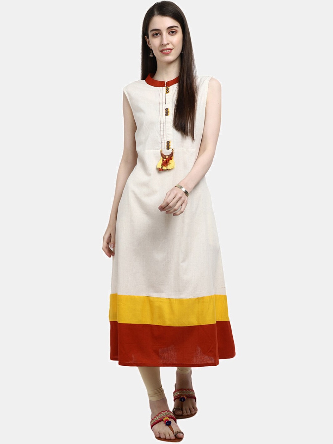 

V-Mart Colourblocked Mandarin Collar Kurta, Off white