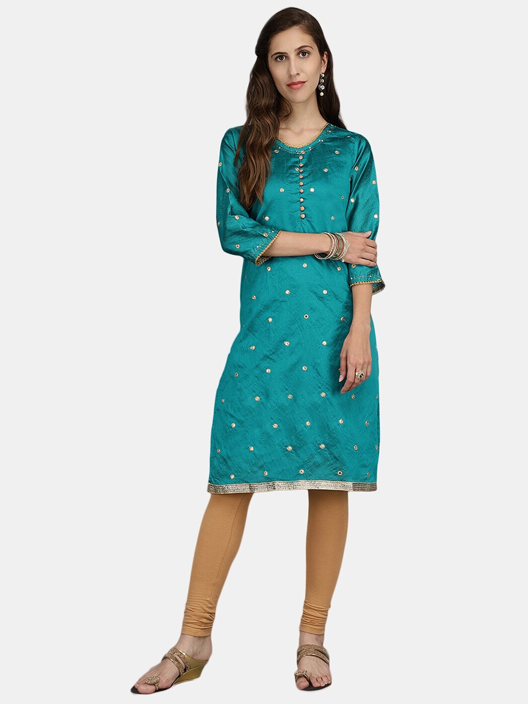 

V-Mart Mirror Work Embroidered Straight Cotton Kurta, Teal