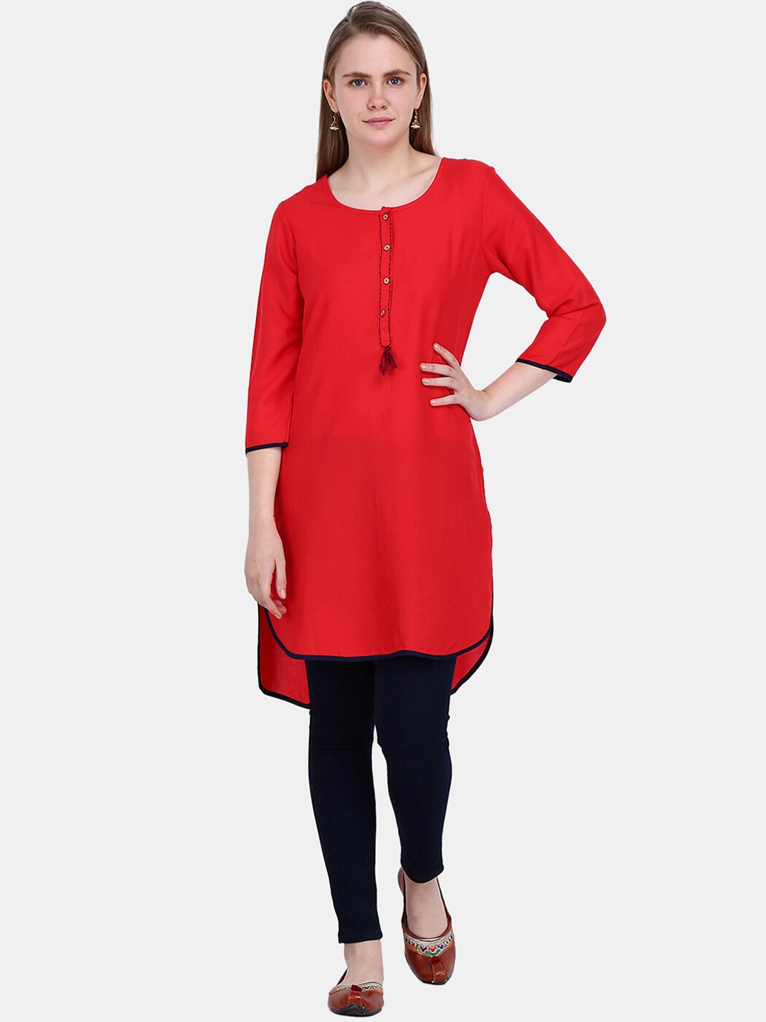 

V-Mart Round Neck Three-Quarter Sleeves High Low Kurta, Red