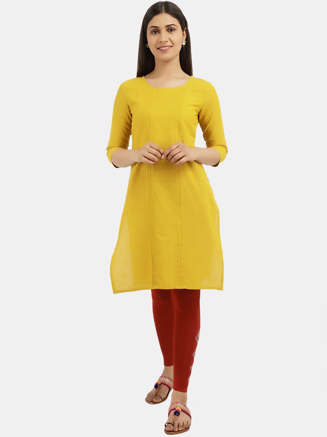

V-Mart Round Neck Straight Fit Cotton Kurta, Yellow