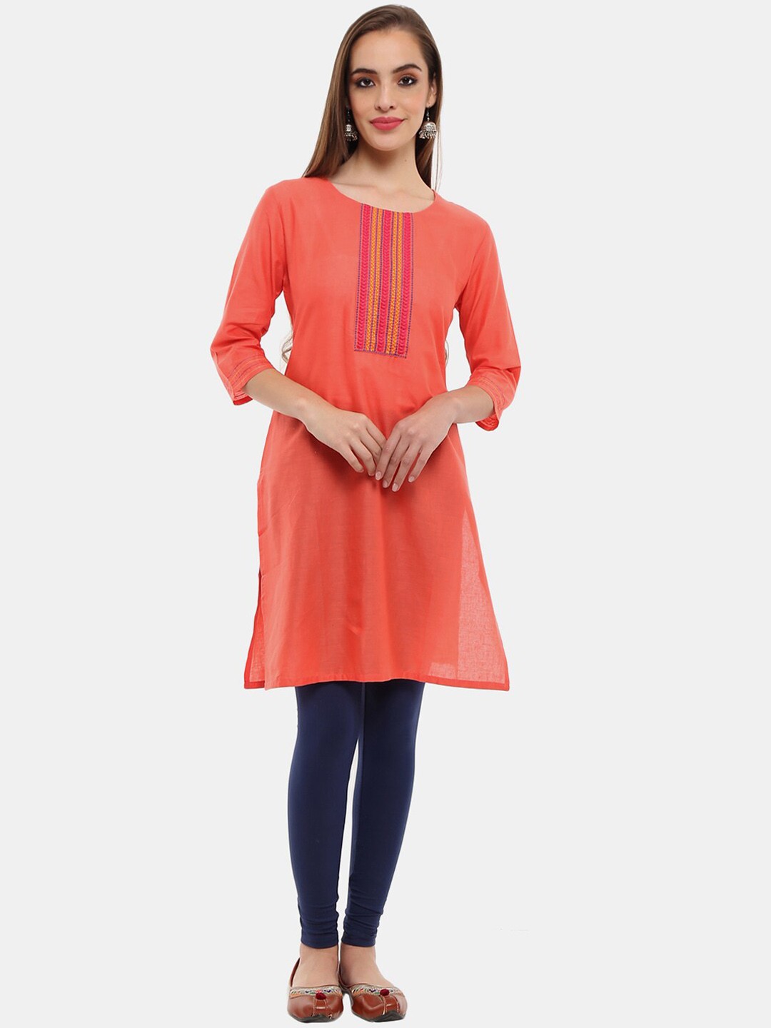 

V-Mart Round Neck Straight Regular Fit Cotton Kurta, Peach