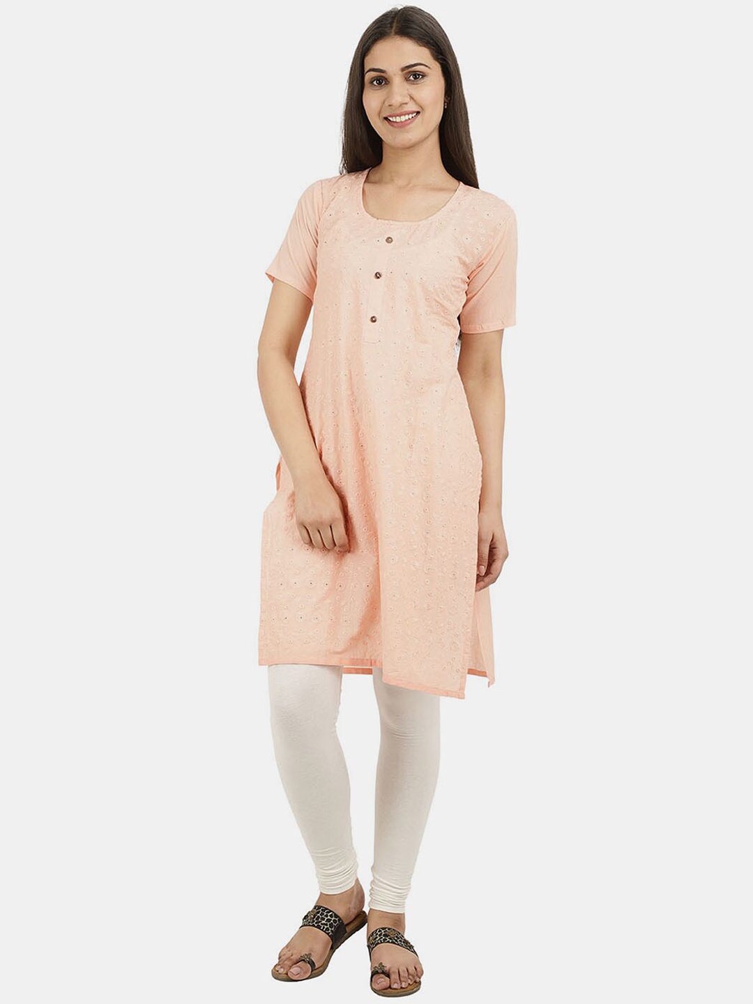 

V-Mart Round Neck Floral Embroidered Chikankari A-Line Cotton Kurta, Peach