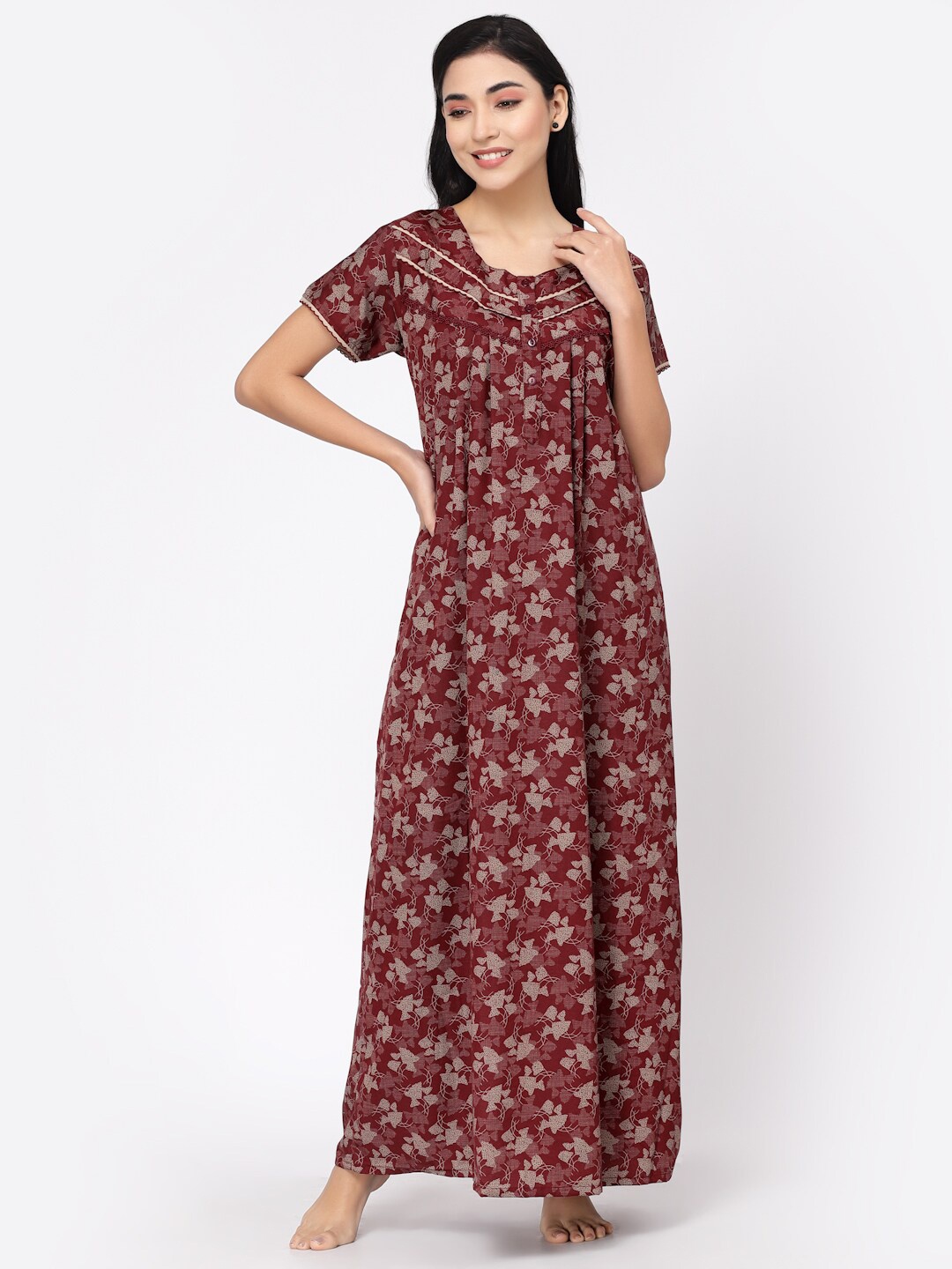 

Sweet Dreams Maroon Printed Maxi Nightdress