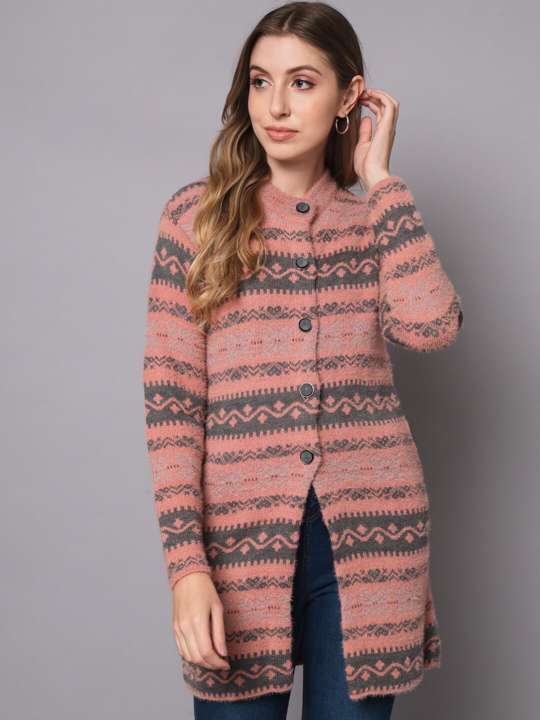 

BROOWL Women Peach-Coloured & Grey Longline Wool Cardigan