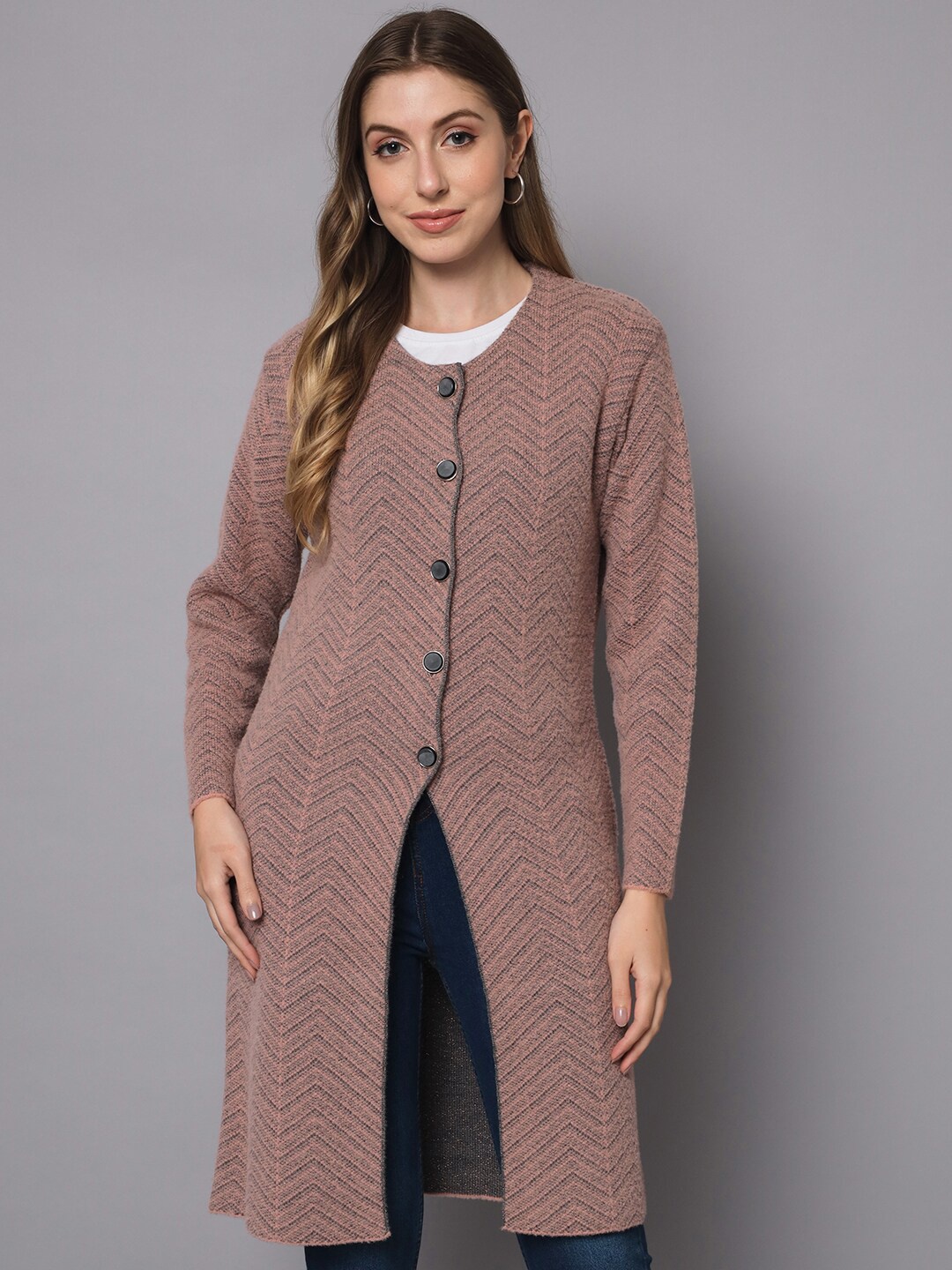 

BROOWL Women Peach-Coloured & Grey Longline Wool Cardigan