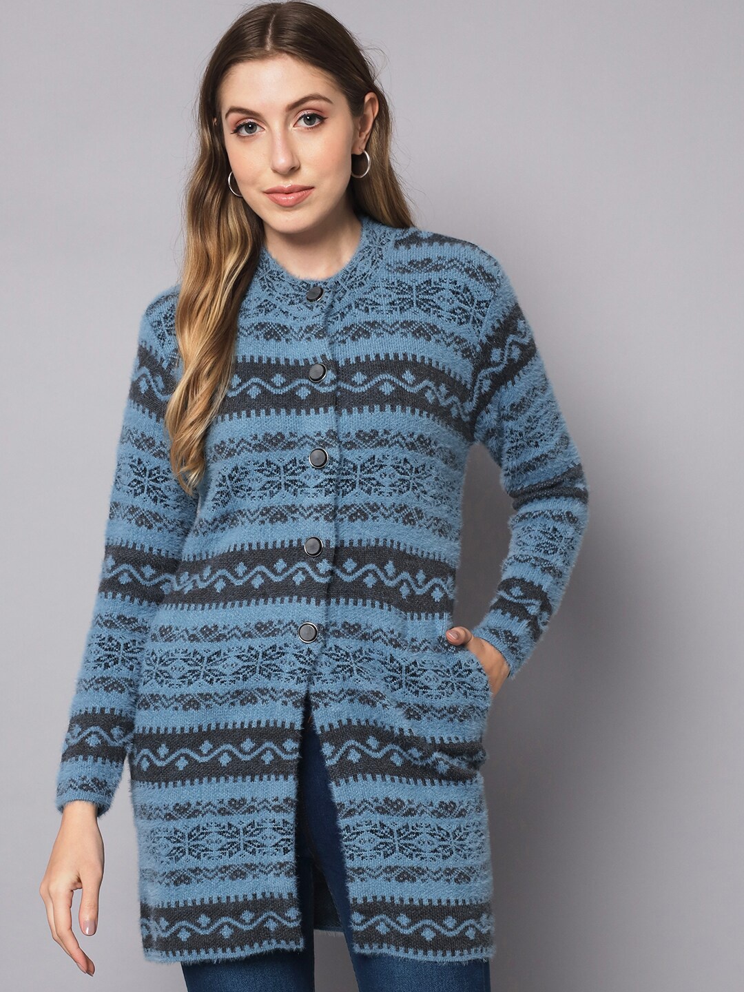 

BROOWL Round Neck Self Design Longline Wool Cardigan, Blue