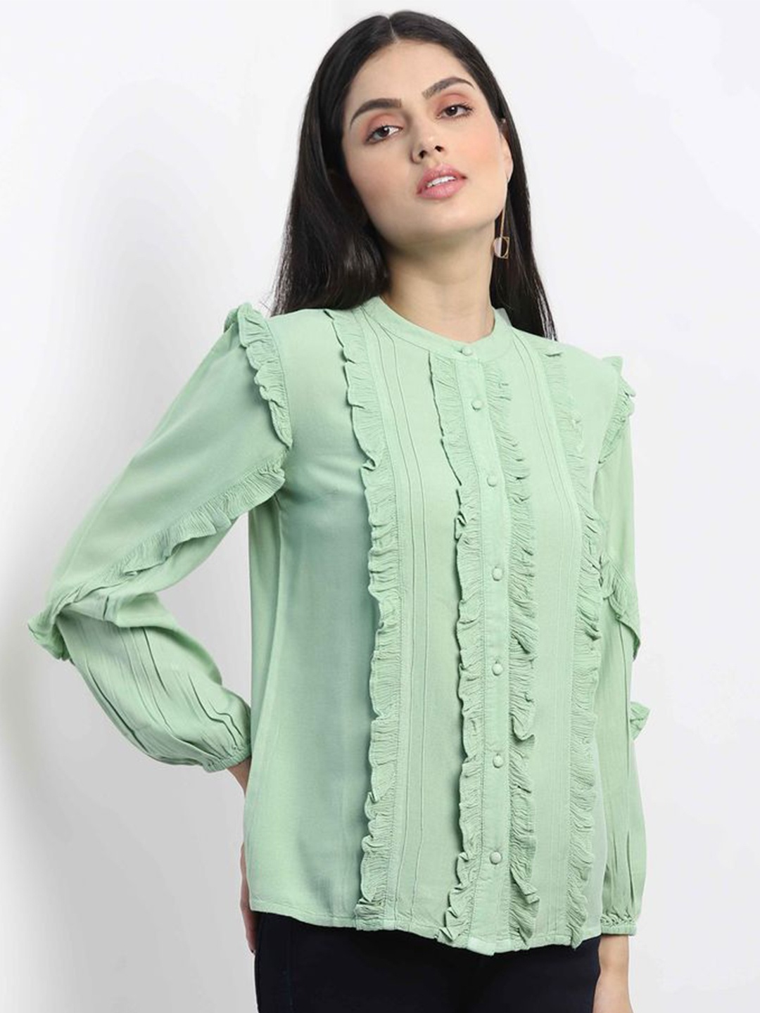 

MKOAL Women Green Relaxed Striped Casual Shirt