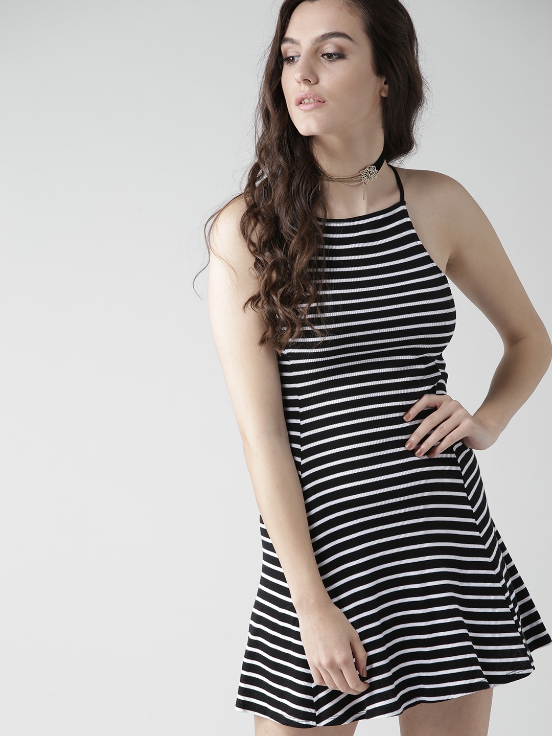 

FOREVER 21 Women Black & White Striped Fit & Flare Dress