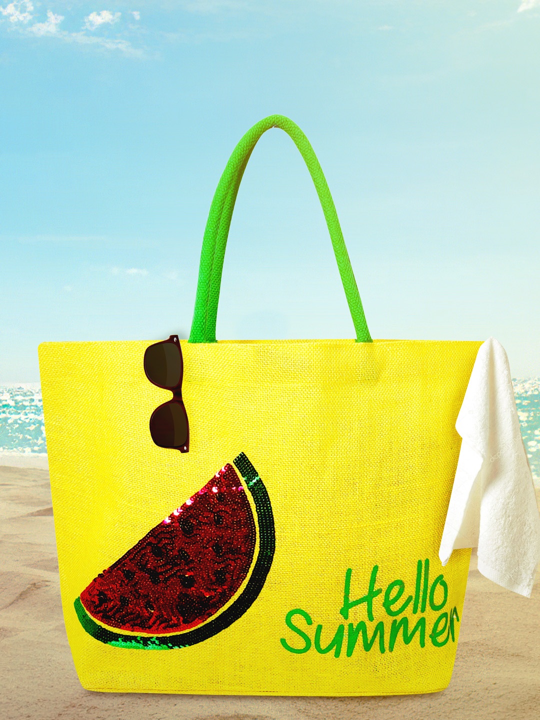 

earthbags Yellow Jute Printed Oversized Shopper Tote Bag