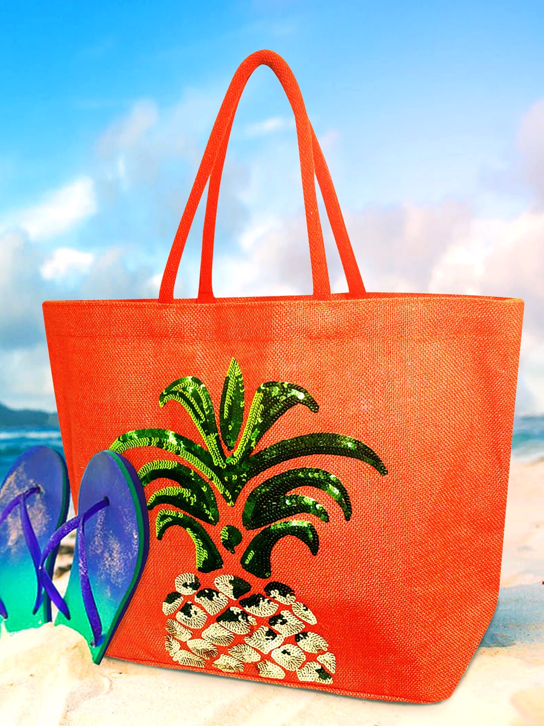 earthbags Embellished Oversized Shopper Tote Bag, Orange