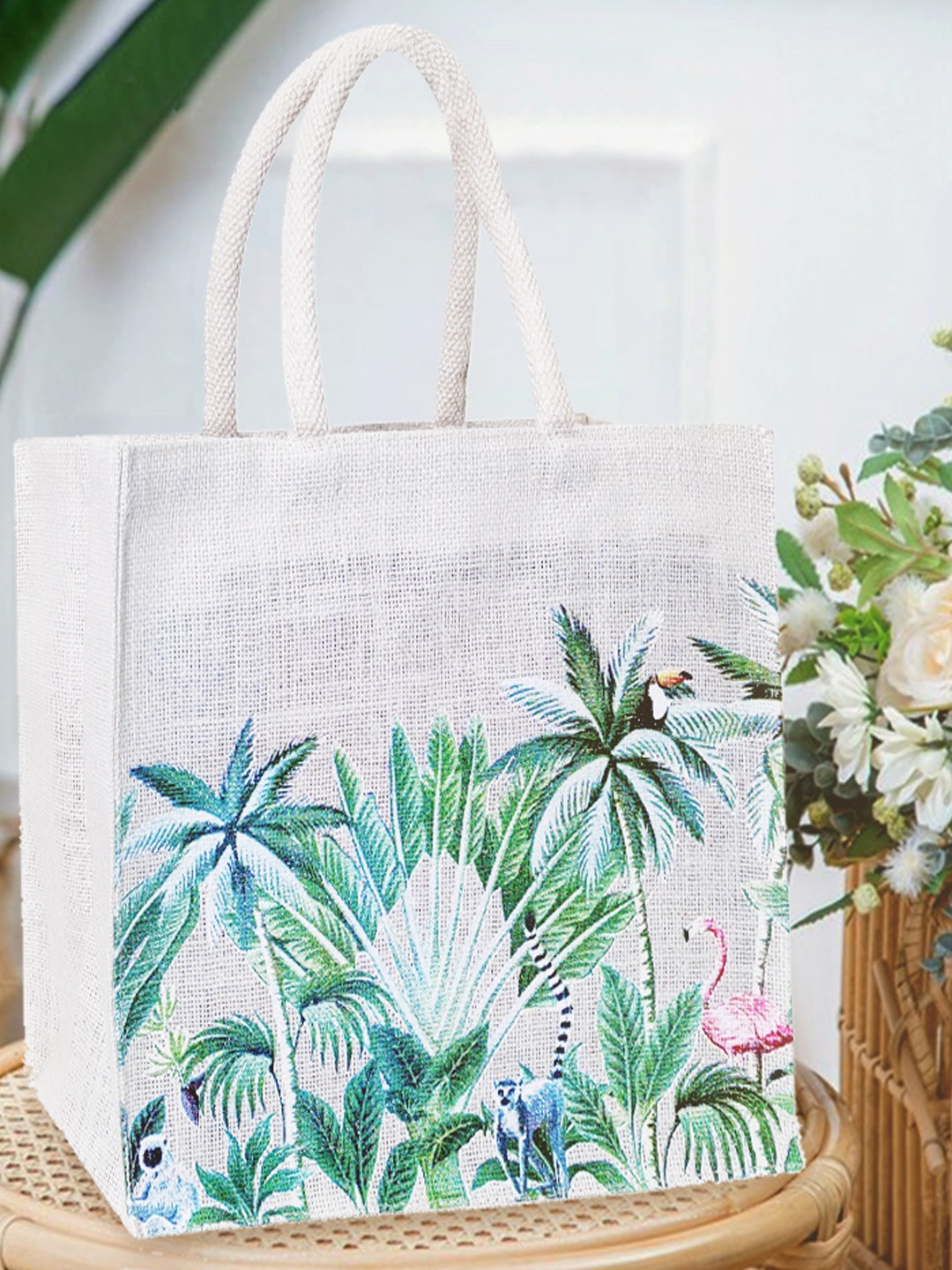 

earthbags Floral Printed Oversized Jute Tote Bag Handbags, Off white
