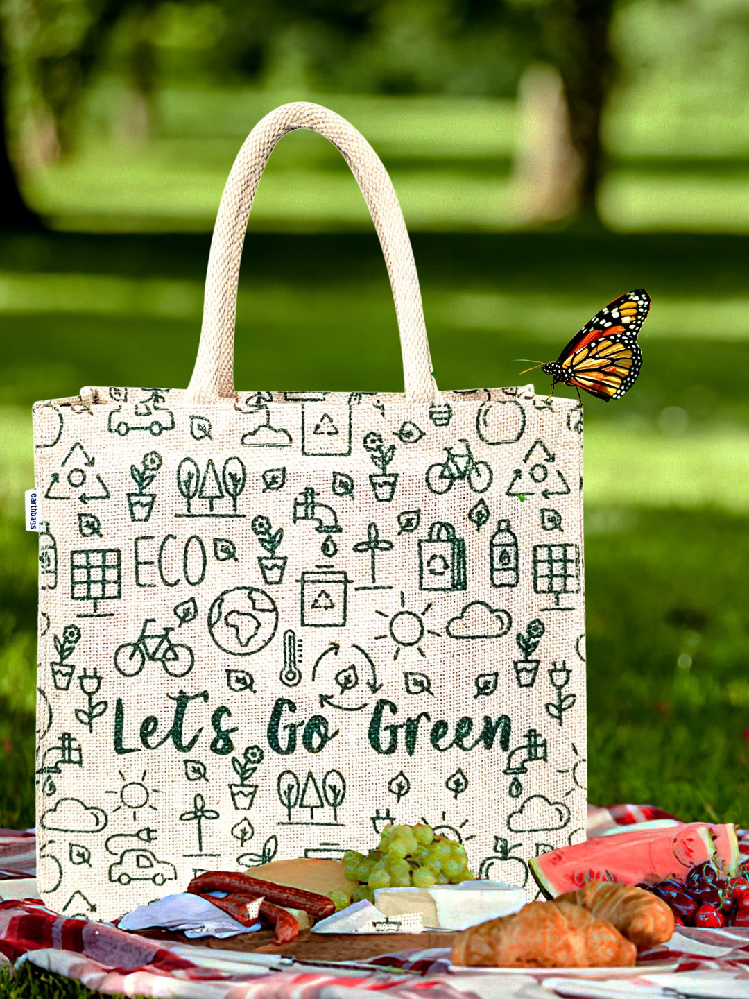 

earthbags Graphic Printed Oversized Jute Tote Bag Handbags, Beige
