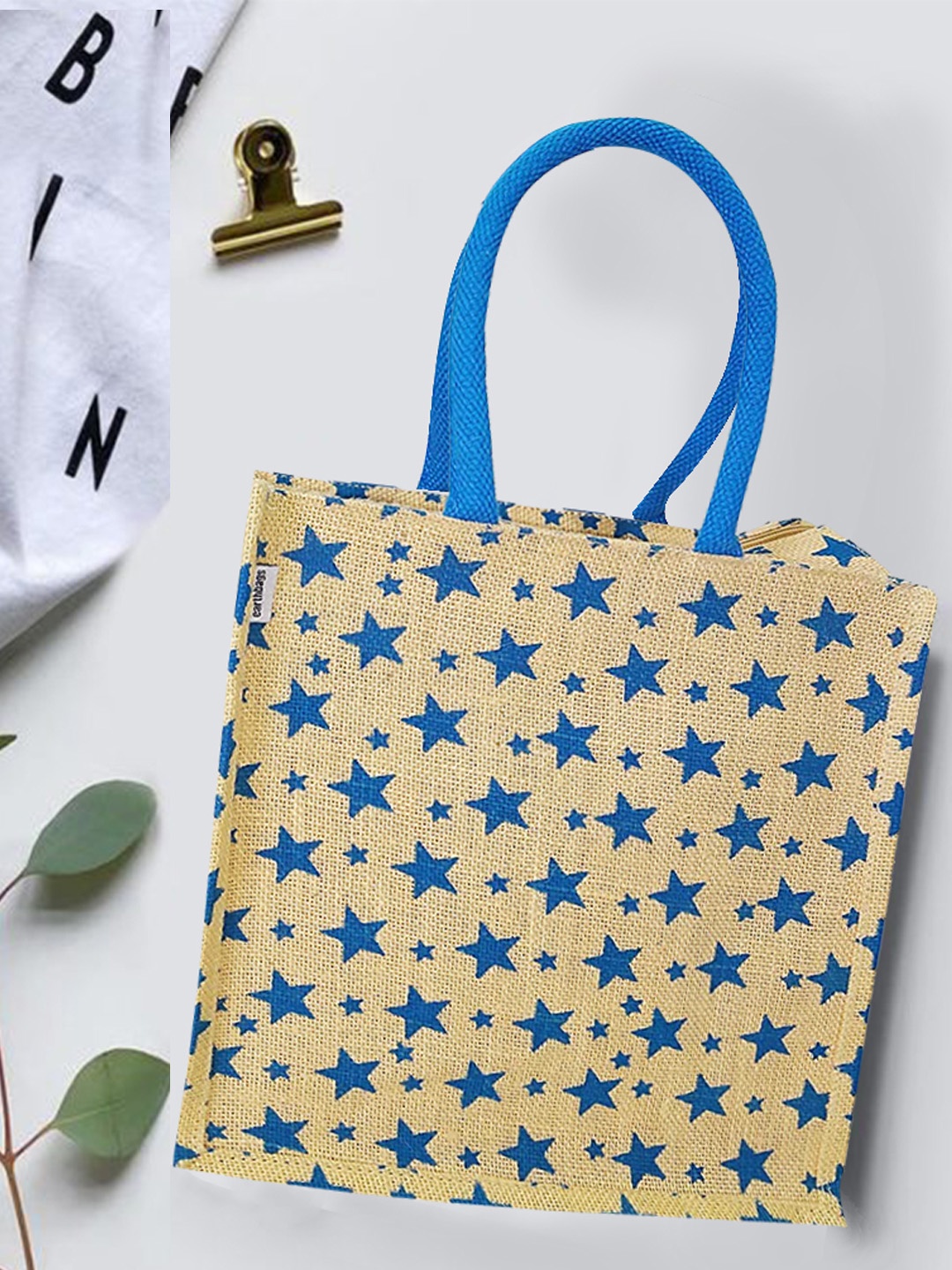 

earthbags Geometric Printed Jute Tote Bag Handbags, Beige