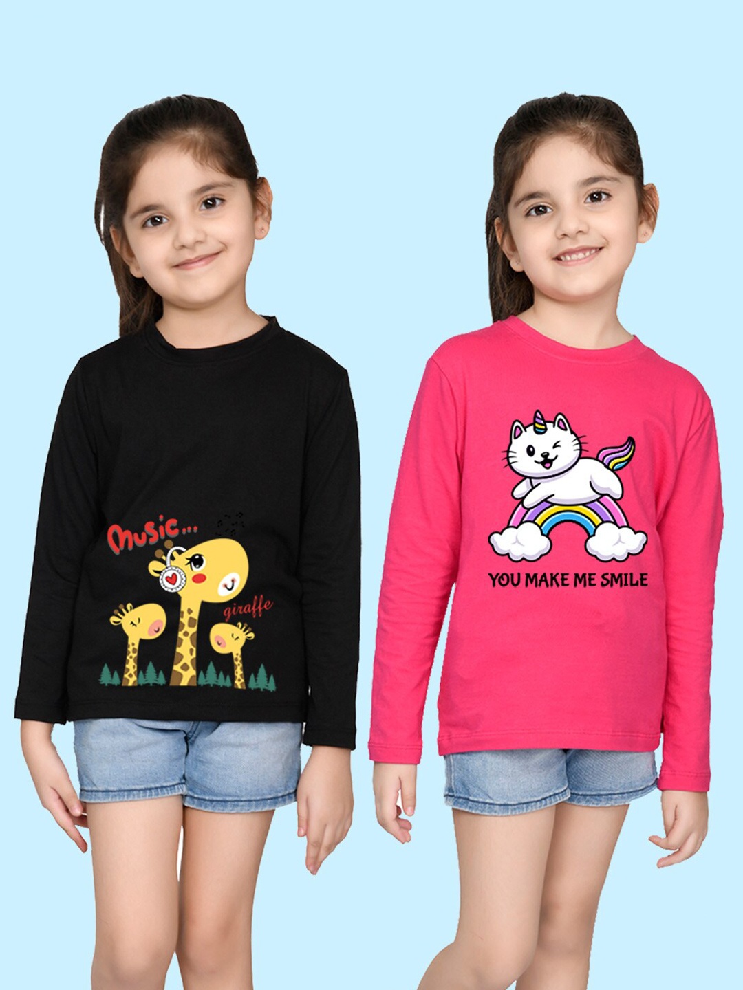 

NUSYL Girls Black & Pink Pack of 2 Graphic Printed T-shirts