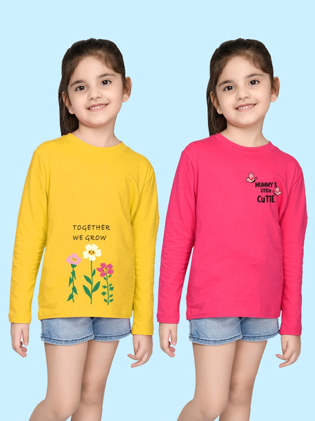 

NUSYL Girls Yellow & Pink 2 Pack of 2 Graphic Printed T-shirts