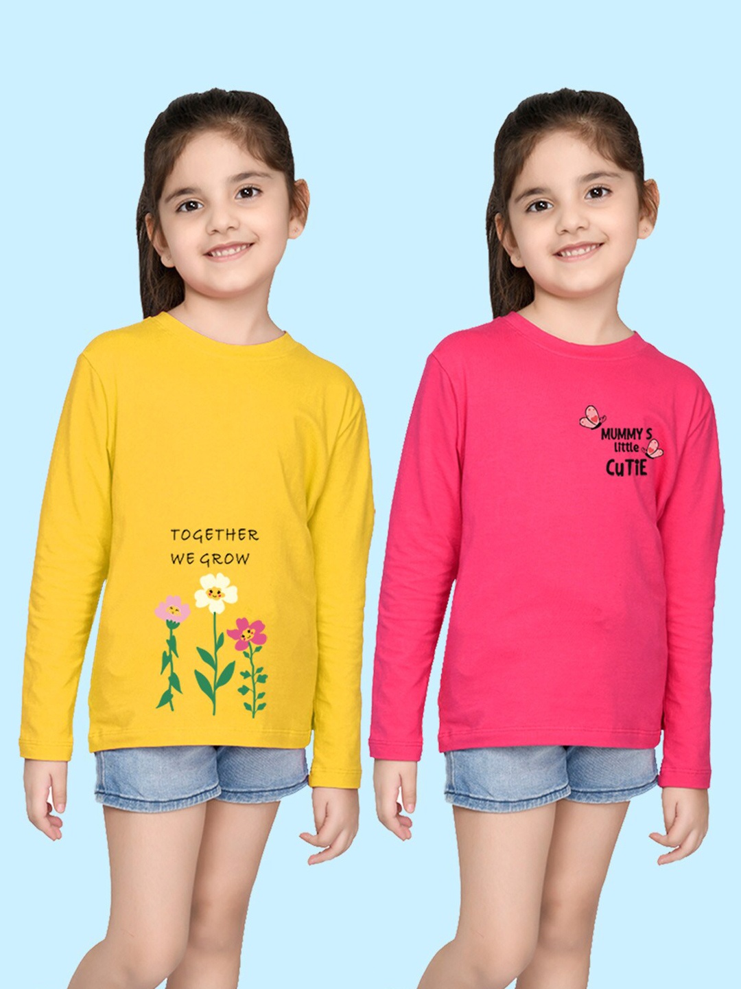 

NUSYL Girls Yellow & Pink Pack of 2 Graphic Printed T-shirts