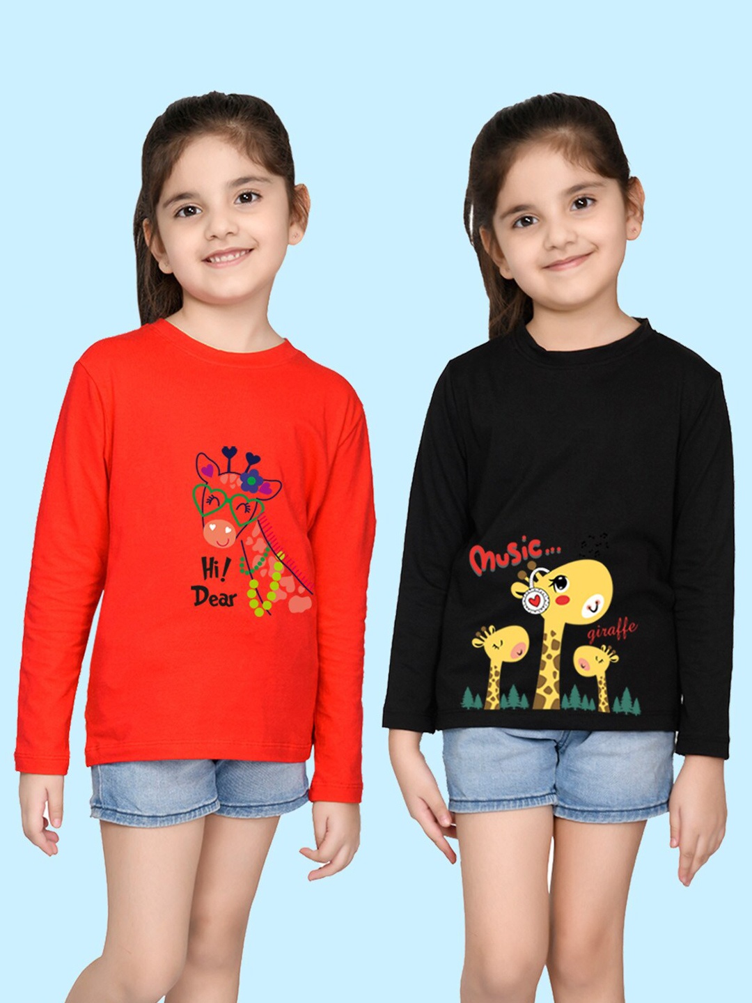 

NUSYL Girls Red & Black Pack of 2 Graphic Printed T-shirts