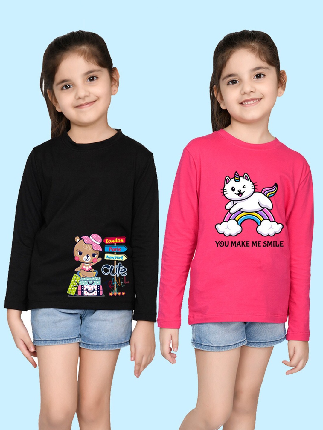

NUSYL Girls Black & Pink Pack of 2 Graphic Printed T-shirts