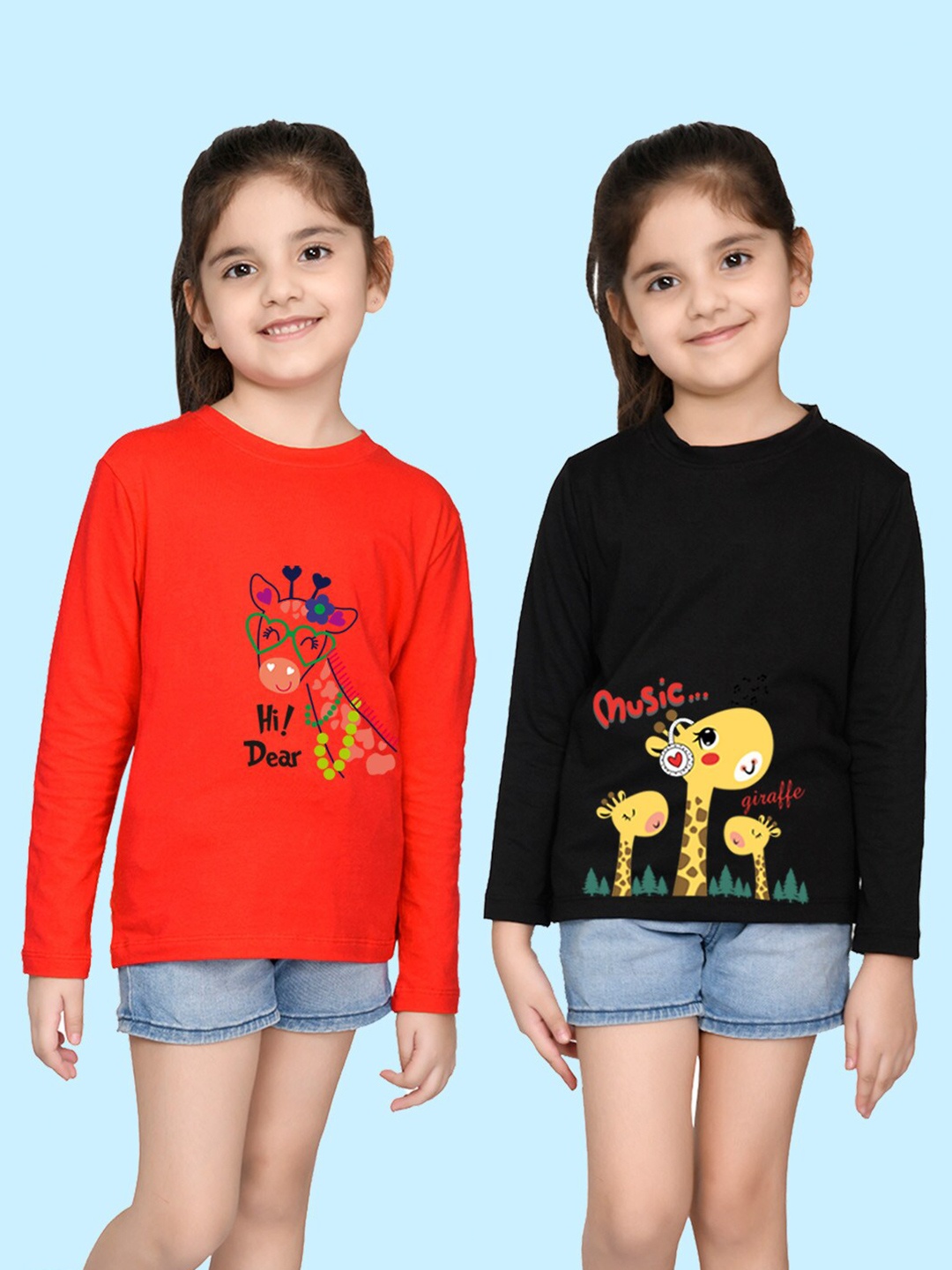 

NUSYL Girls Red & Black Pack of 2 Graphic Printed T-shirts
