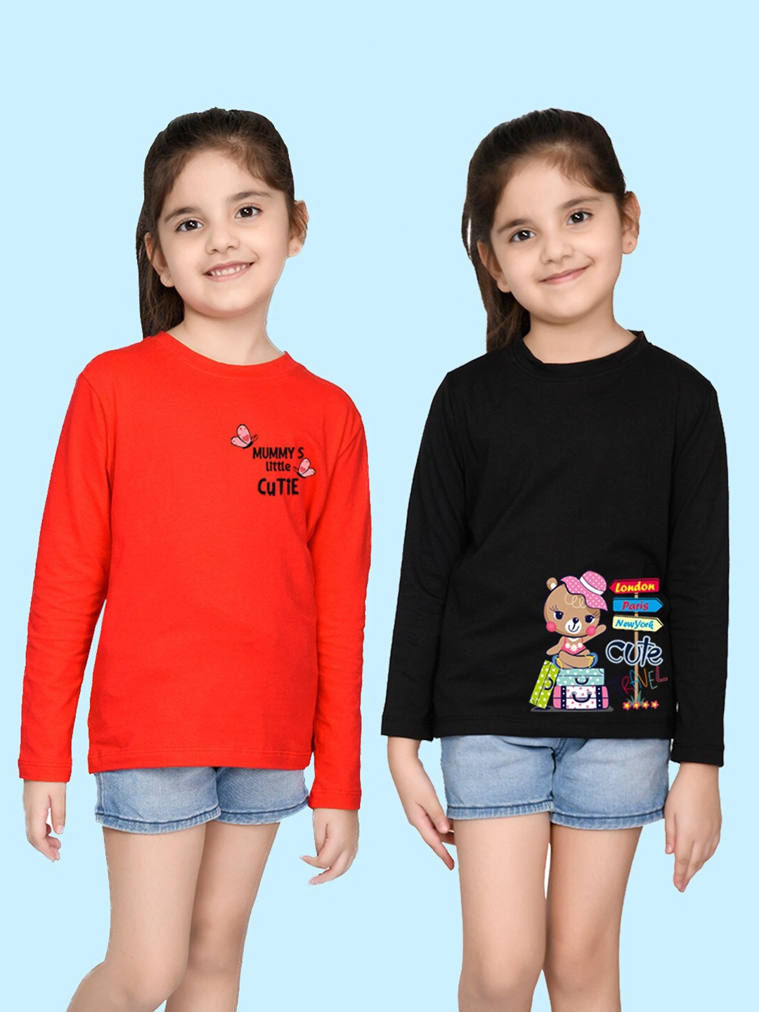 

NUSYL Girls Red & Black Pack of 2 Graphic Printed T-shirts