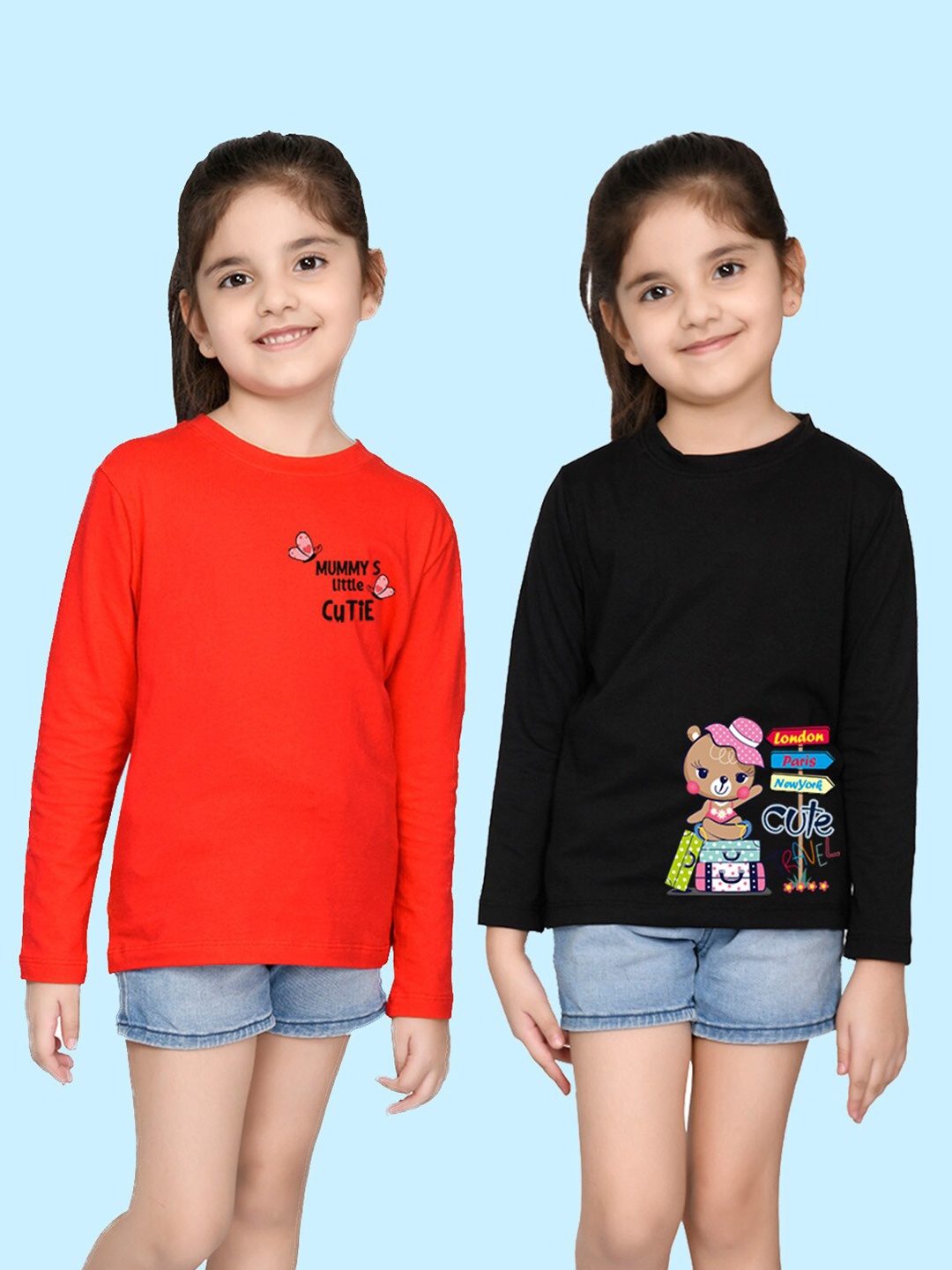 

NUSYL Girls Red & Black Pack of 2 Graphic Printed T-shirts