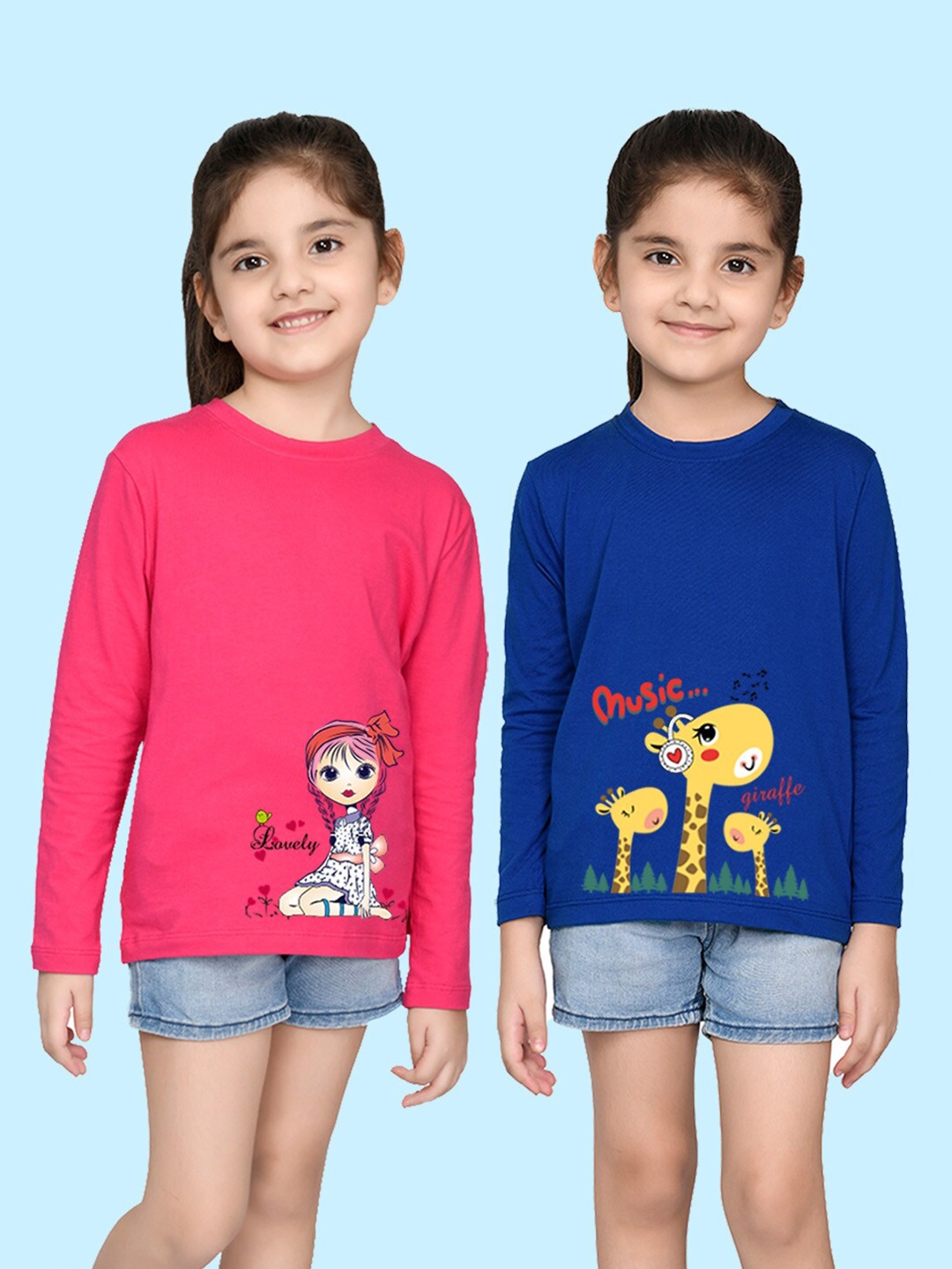 

NUSYL Girls Pink & Blue Pack of 2 Graphic Printed T-shirts