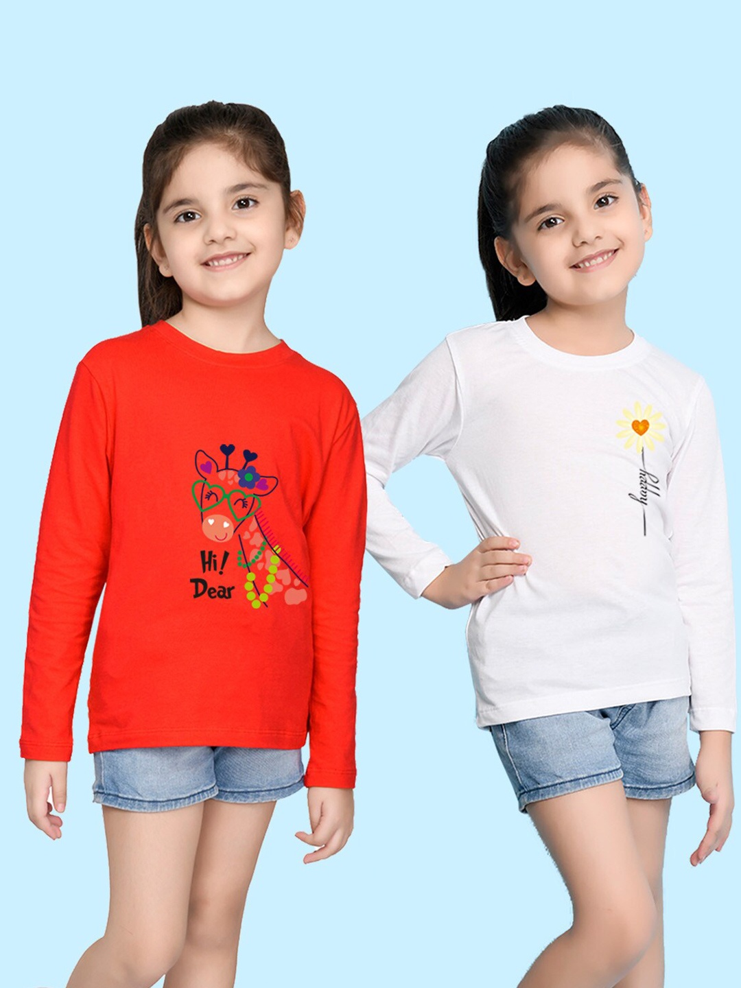 

NUSYL Girls White & Red Pack of 2 Graphic Printed T-shirts
