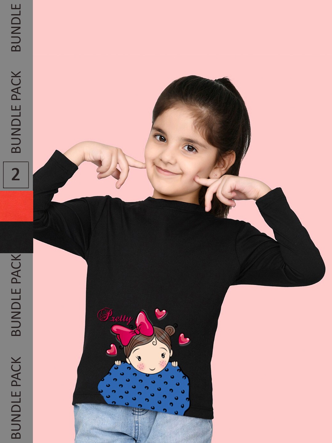 

NUSYL Girls Red & Black Pack of 2 Graphic Printed T-shirts