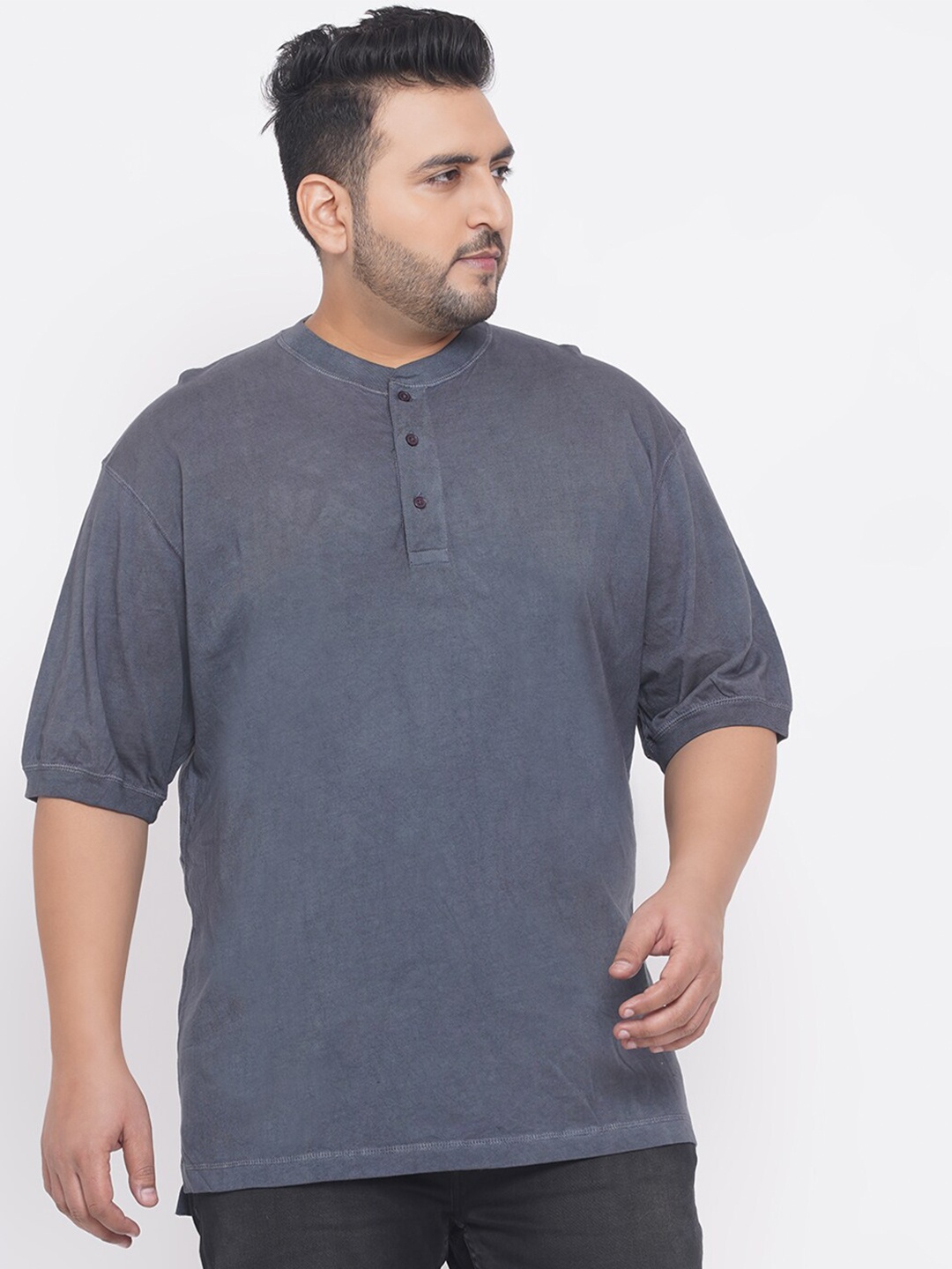 

Santonio Men Plus Size Grey Henley Neck Cotton T-shirt
