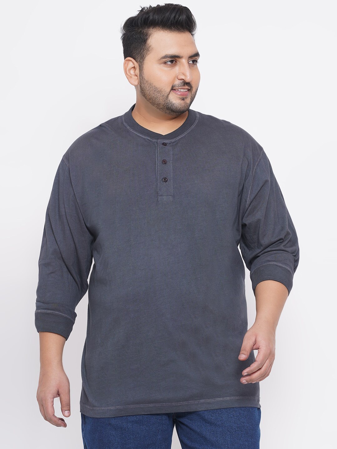 

Santonio Men Plus Size Grey Henley Neck Cotton T-shirt
