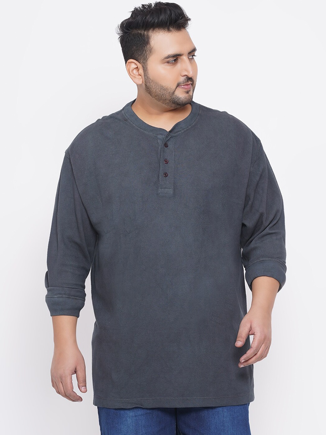 

Santonio Men Plus Size Grey Henley Neck Cotton T-shirt