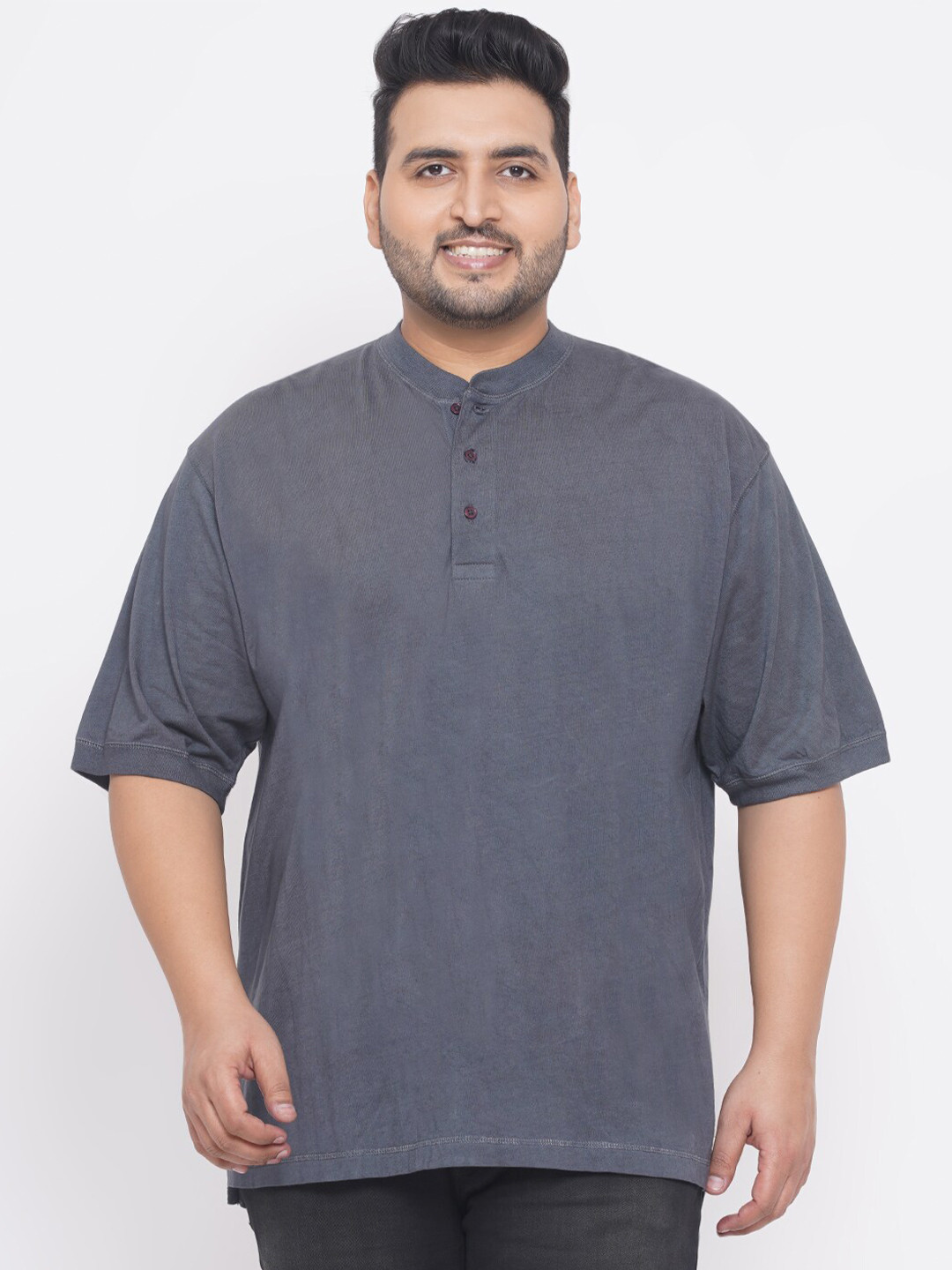 

Santonio Men Plus Size Grey Henley Neck Cotton T-shirt