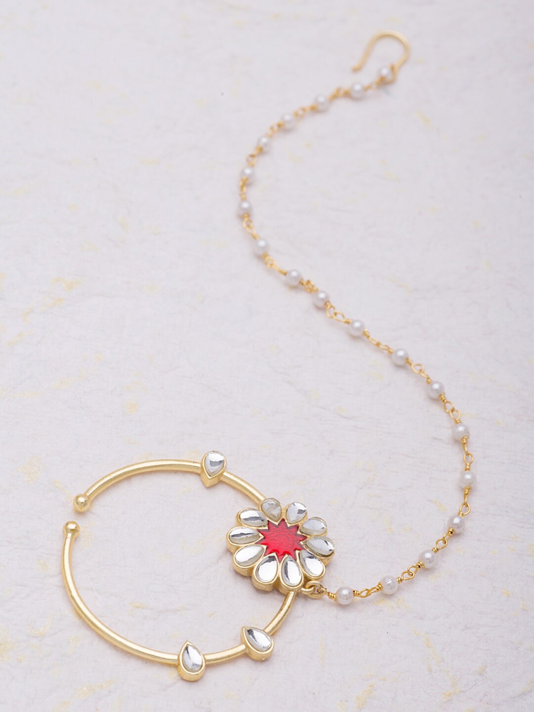 

Voylla Gold-Plated White & Red Stone Studded & Beaded Nosepin