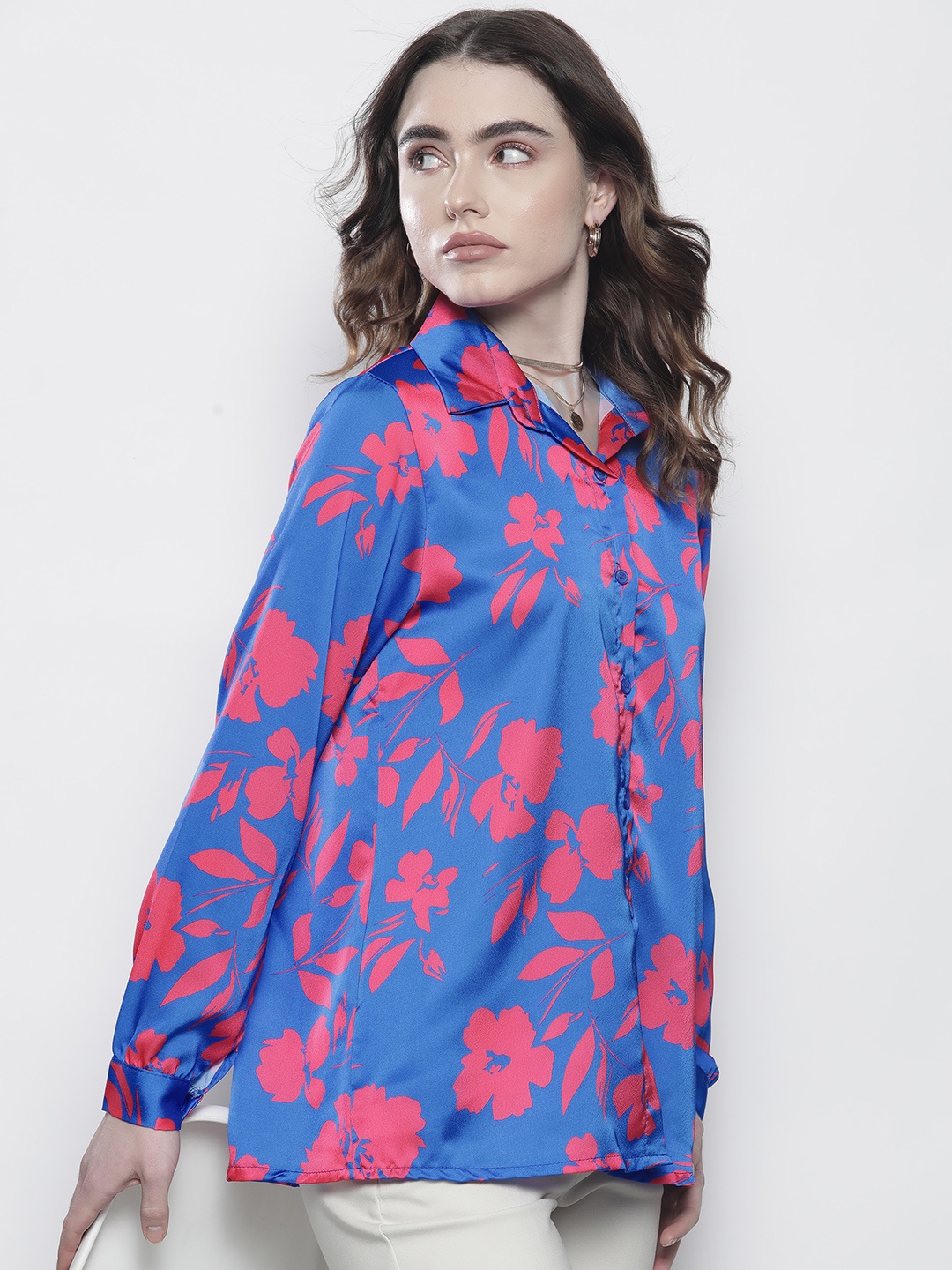 

Boohoo Women Floral Printed Satin Finish Shirt, Blue