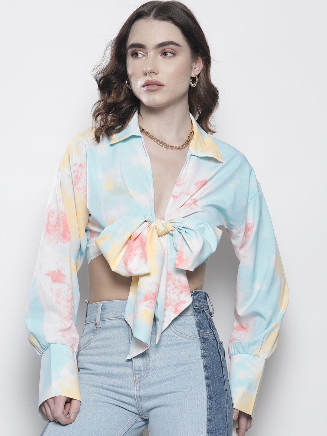 

Boohoo Ombre Satin Finish Tie-Up Front Cropped Shirt Style Top, Orange