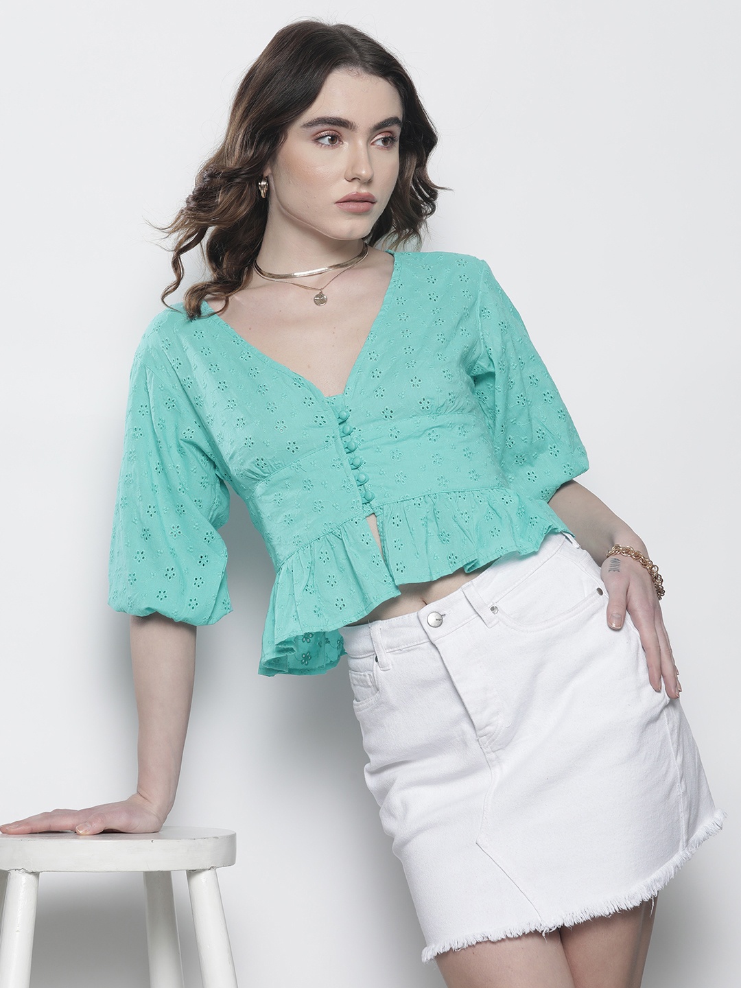 

Boohoo Cotton Schiffli Embroidered Top, Green