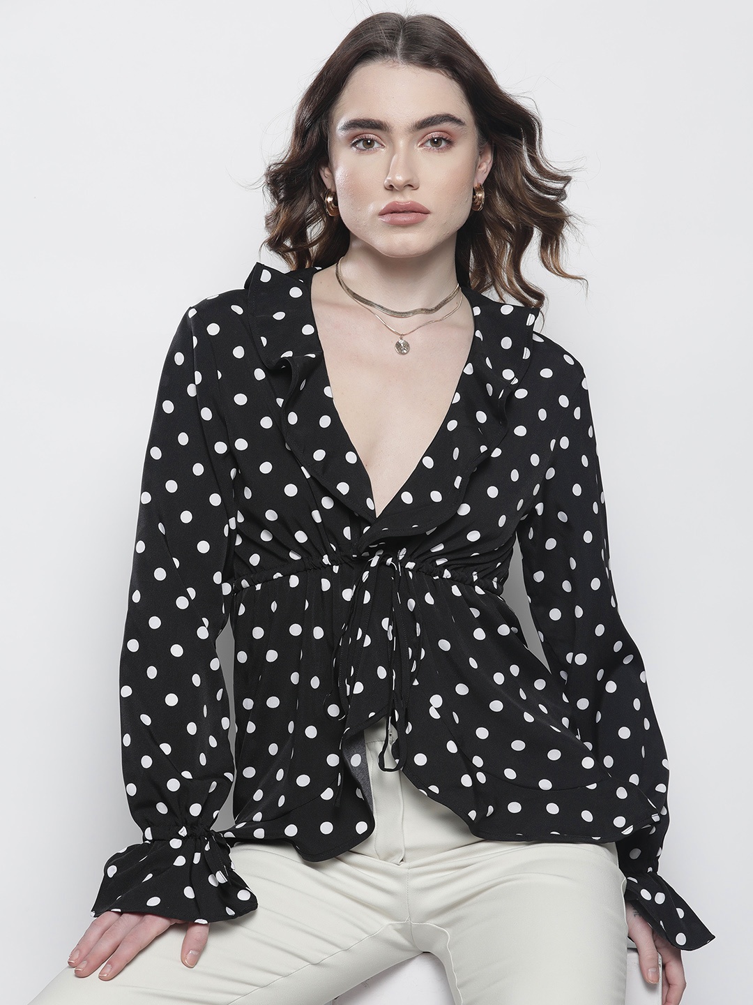

Boohoo Polka Dots Print Wrap Top, Black