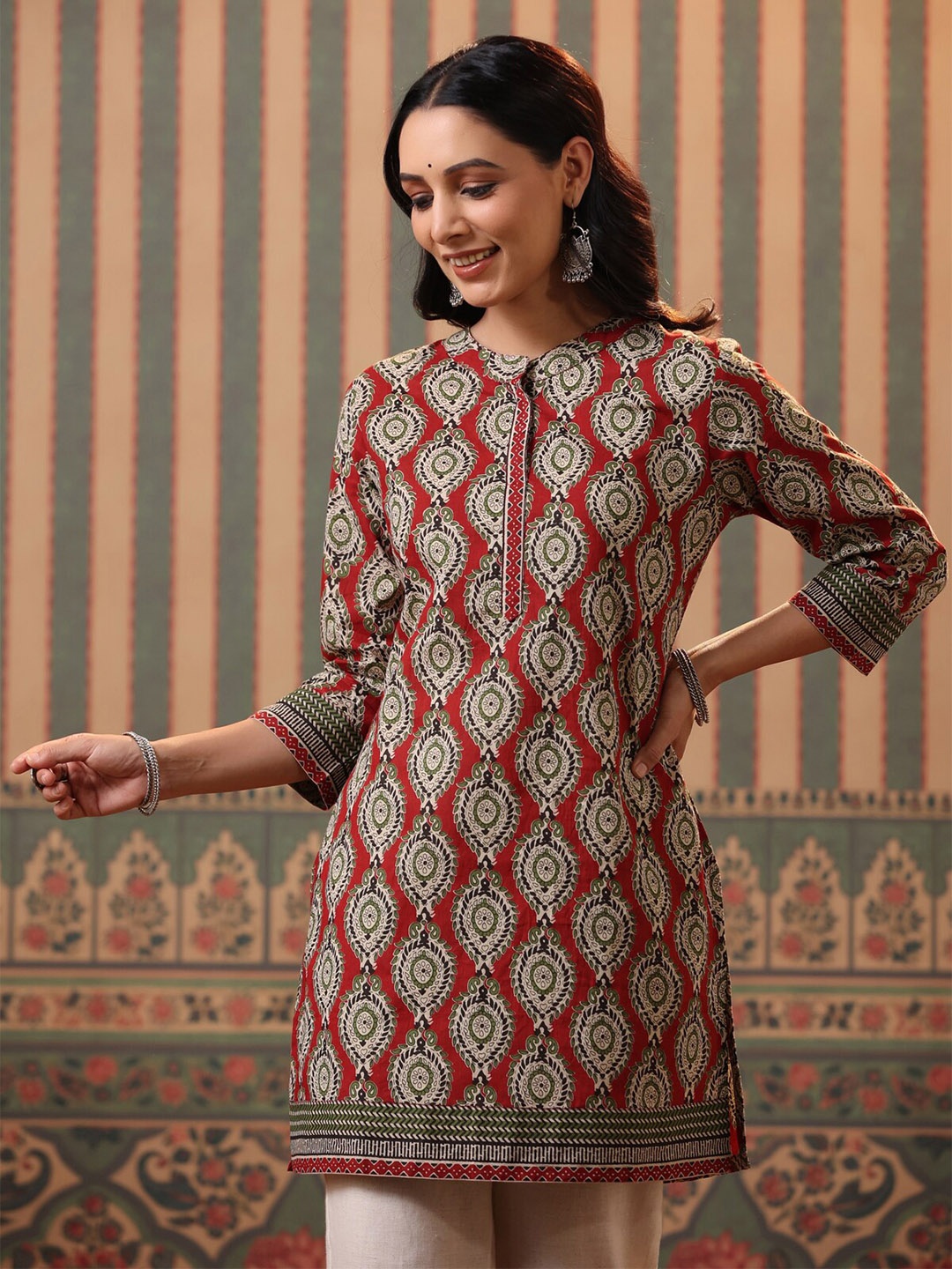 

Rain & Rainbow Red & Beige Ethnic Motifs Printed Pure Cotton Kurti