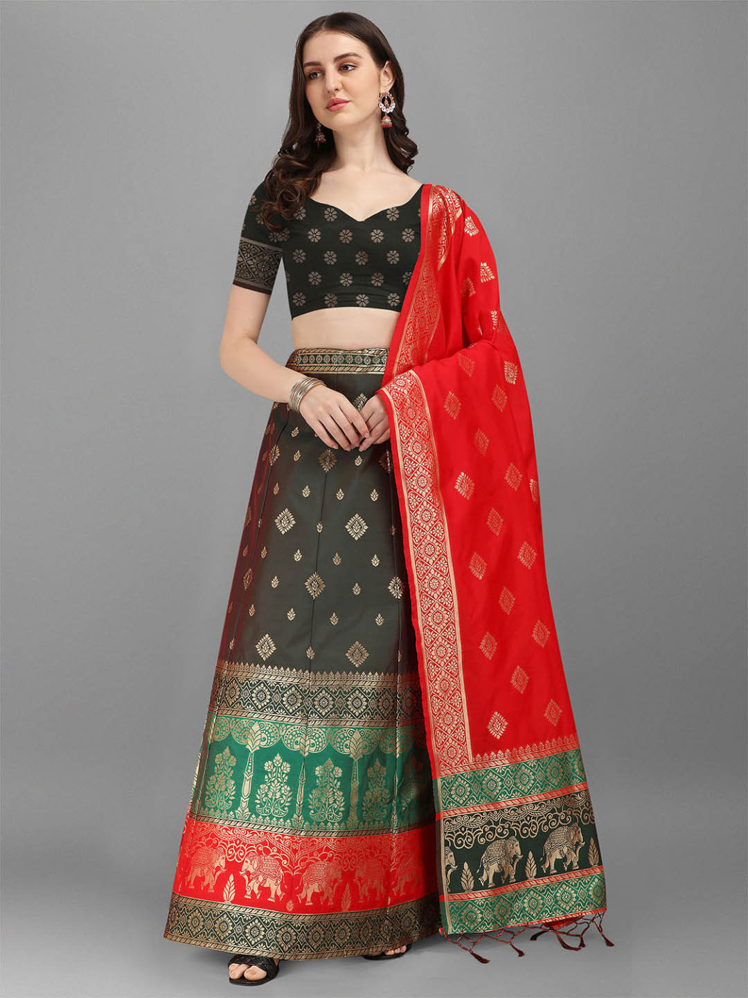 

Dhyey Fashion Green & Red Ready to Wear Lehenga & Unstitched Blouse With Dupatta