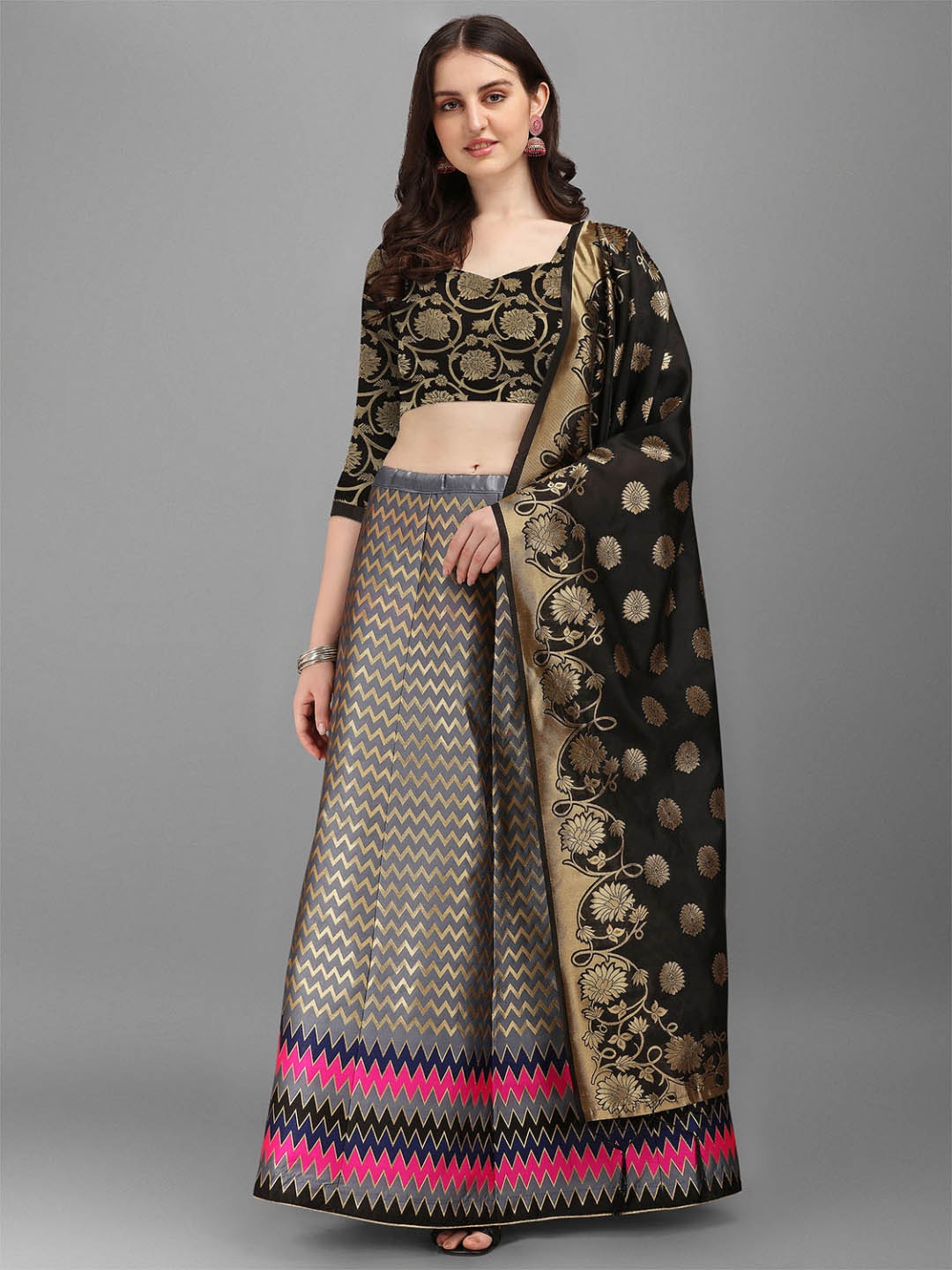 

Dhyey Fashion Grey & Black Ready to Wear Lehenga & Unstitched Blouse With Dupatta