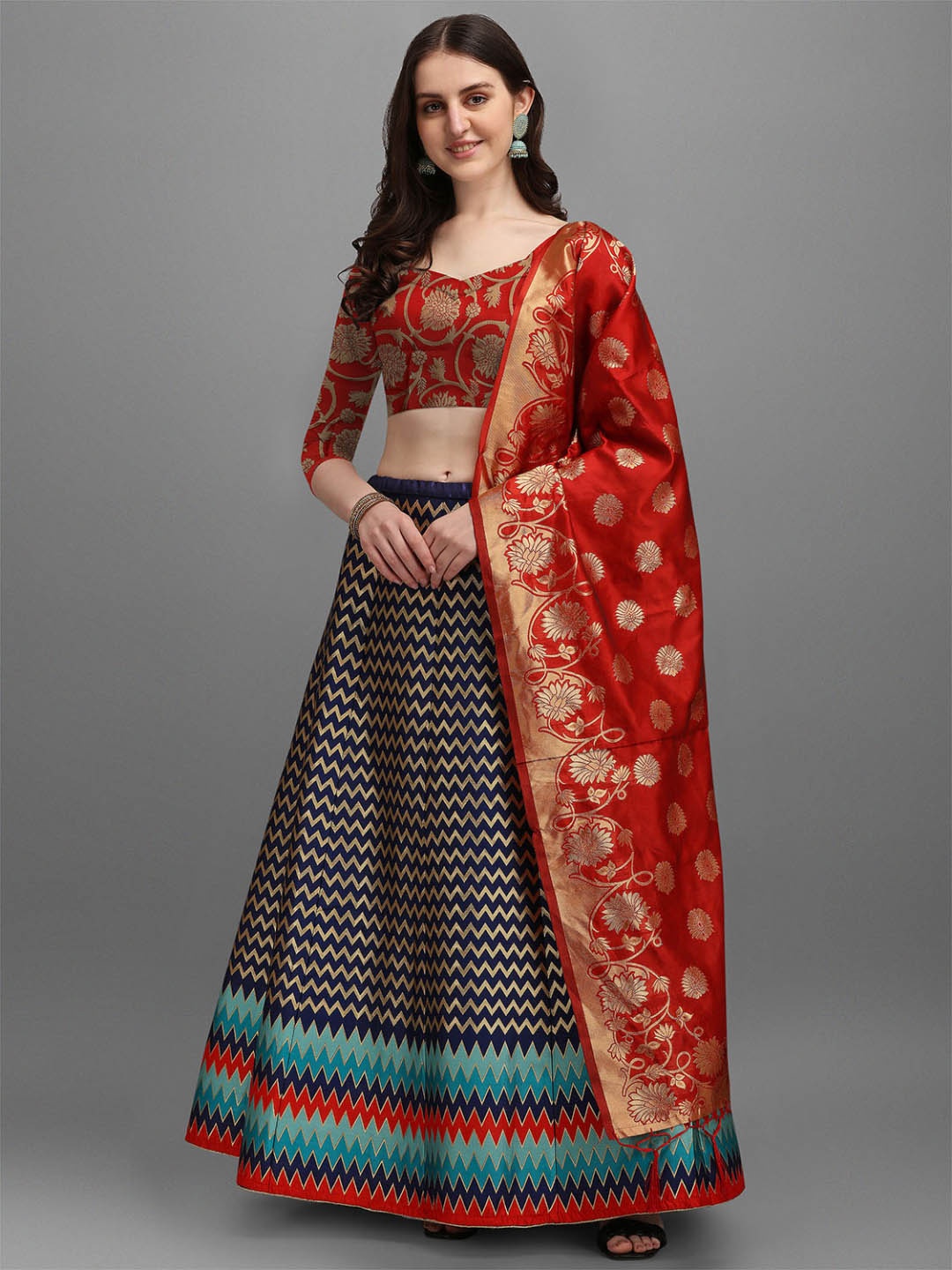 

Dhyey Fashion Navy Blue & Red Ready to Wear Lehenga & Unstitched Blouse With Dupatta
