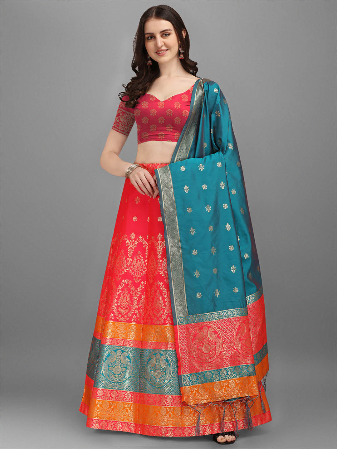 

Dhyey Fashion Pink & Teal Ready to Wear Lehenga & Unstitched Blouse With Dupatta