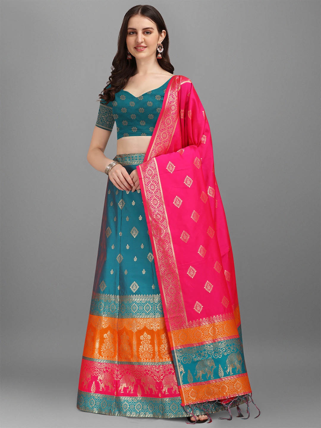 

Dhyey Fashion Maroon & Peach-Coloured Ready to Wear Lehenga & Unstitched Blouse With Dupatta