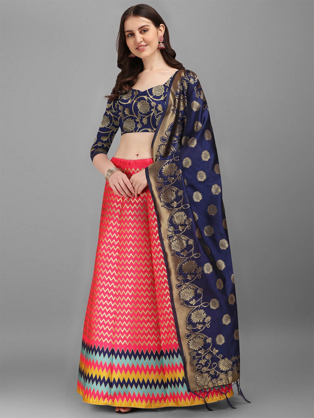 

Dhyey Fashion Pink & Orange Ready to Wear Lehenga & Unstitched Blouse With Dupatta, Red